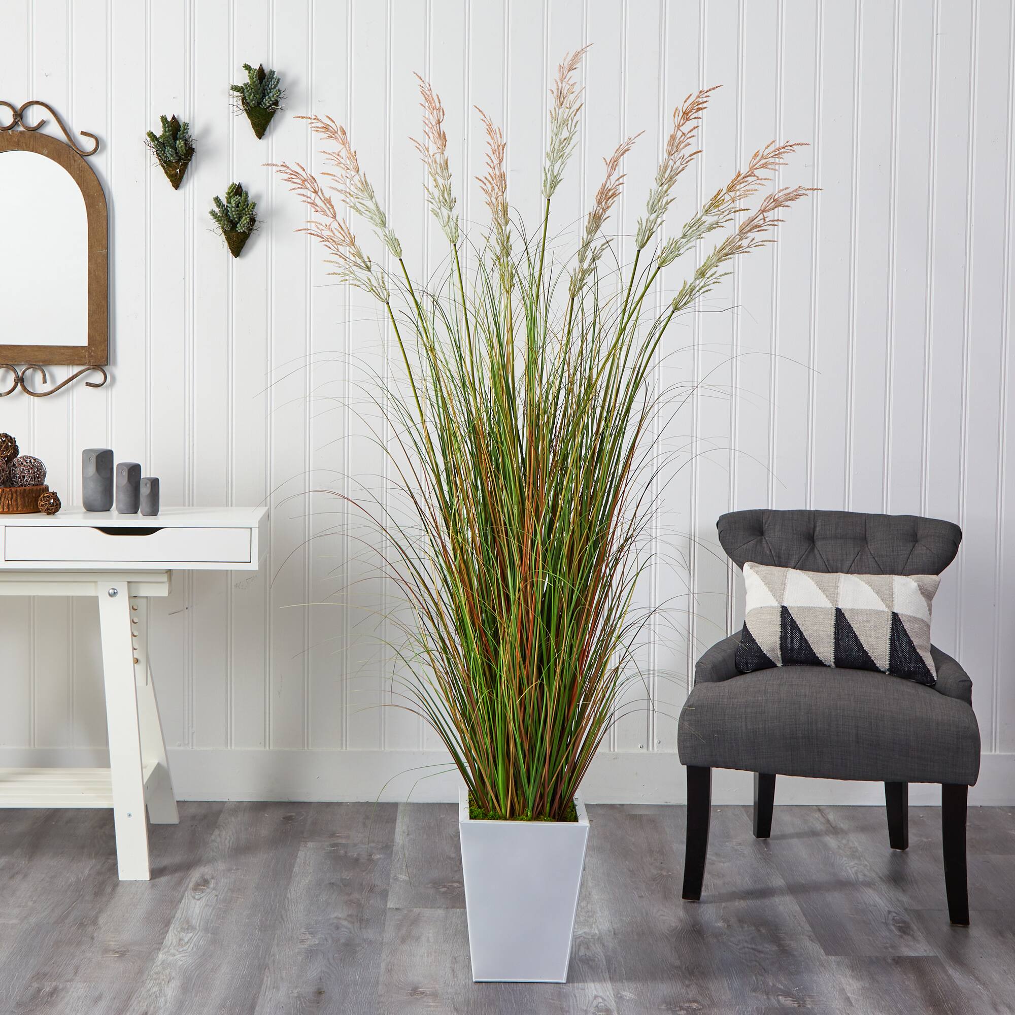 6ft. Grass Plant in White Metal Planter